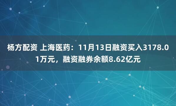 杨方配资 上海医药：11月13日融资买入3178.01万元，融资融券余额8.62亿元
